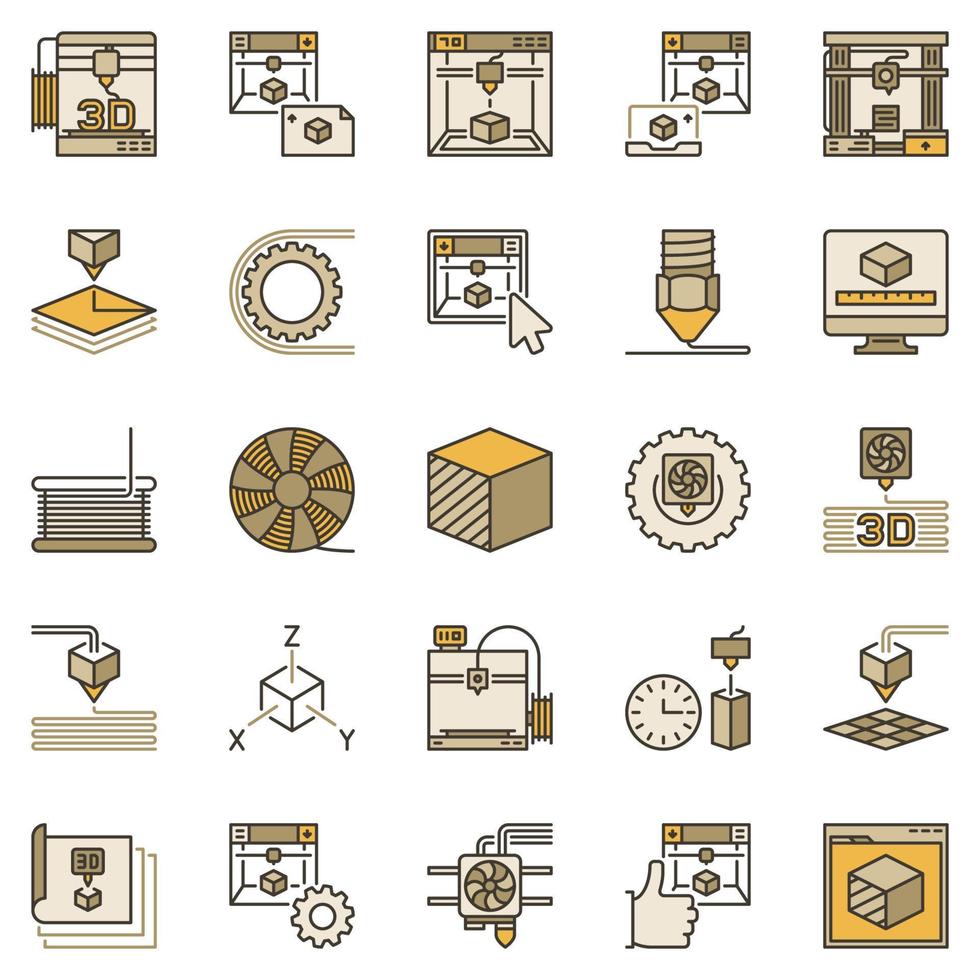 jeu d'icônes colorées d'impression 3d. signes vectoriels de fabrication additive et d'imprimantes vecteur