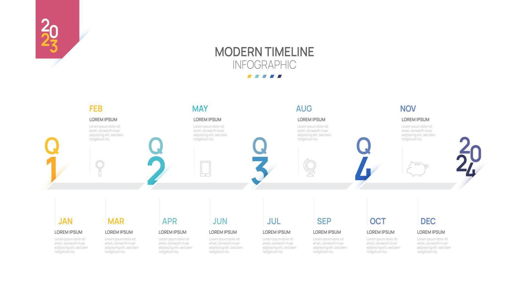 modèle d'infographie de la chronologie de la feuille de route de l'entreprise. le calendrier de diagramme de chronologie d'élément d'étape moderne et les sujets de 4 trimestres, peuvent être utilisés pour l'infographie vectorielle, les présentations de données de marketing numérique. vecteur