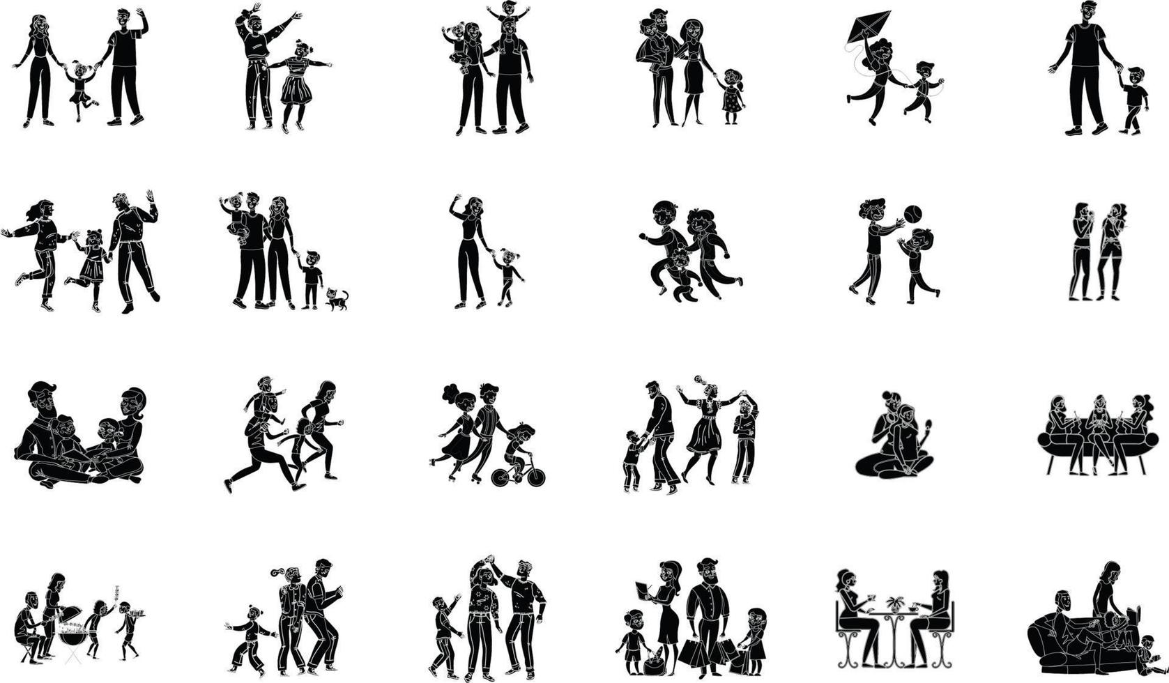 grand ensemble de silhouettes de personnes. familles, couples, enfants et personnes âgées. vecteur