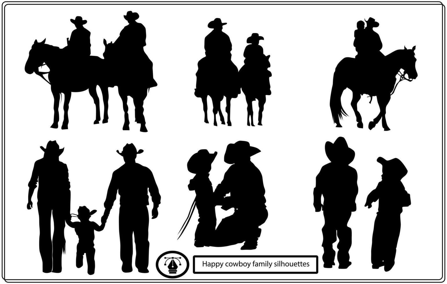 ensemble de silhouettes vectorielles familiales de cow-boy heureux. libre vecteur