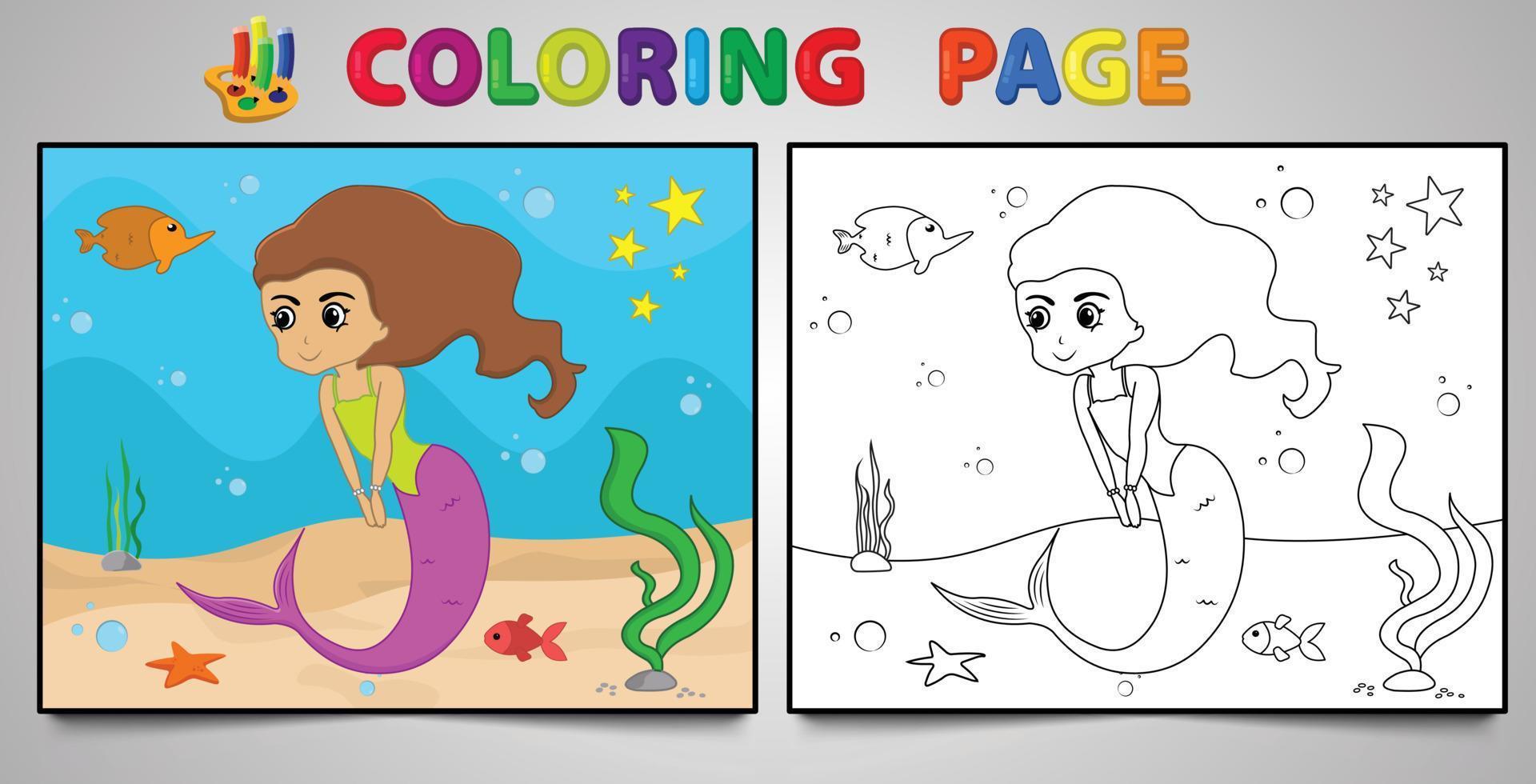 coloriage de sirène de dessin animé no 19 page d'activité pour enfants avec illustration vectorielle d'art en ligne vecteur