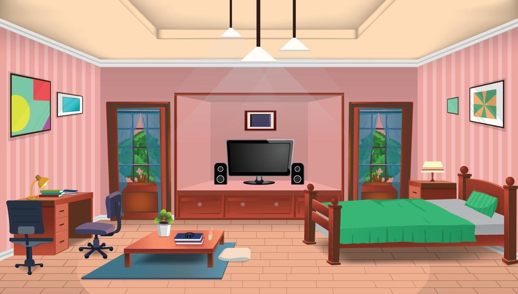 intérieur de salon de dessin animé vectoriel avec grandes fenêtres, lit, chaise, télévision, table et plantes d'intérieur.