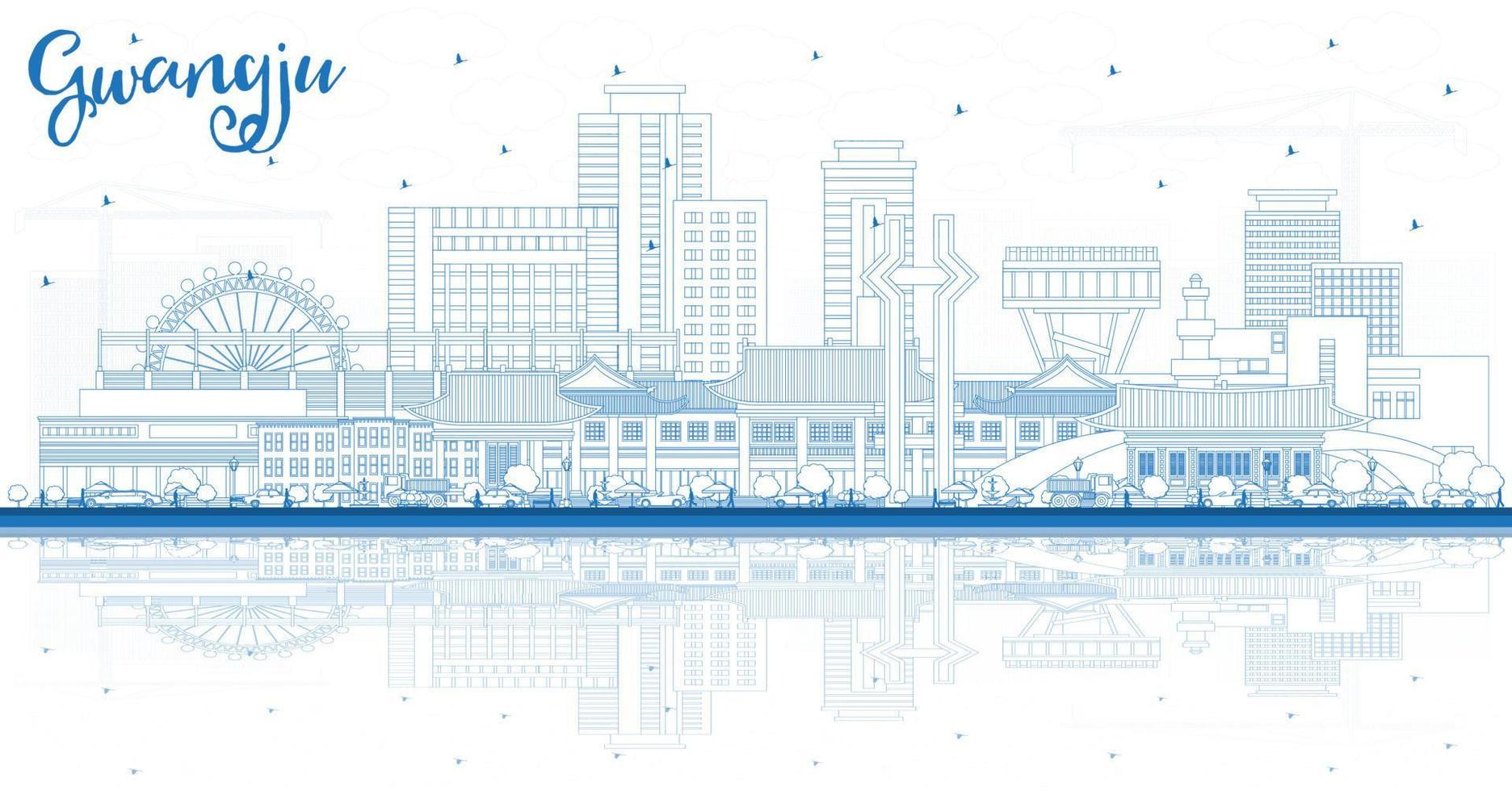 contour de la ville de gwangju en corée du sud avec des bâtiments bleus et des reflets. vecteur