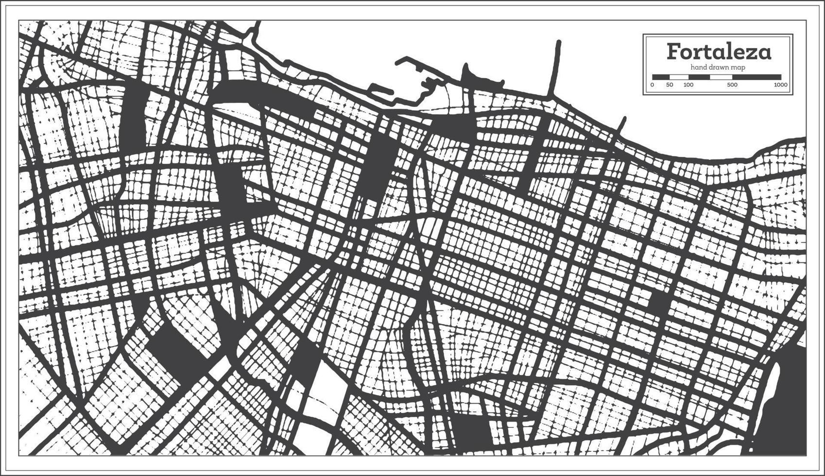 carte de la ville de fortaleza brésil en noir et blanc dans un style rétro. carte muette. vecteur