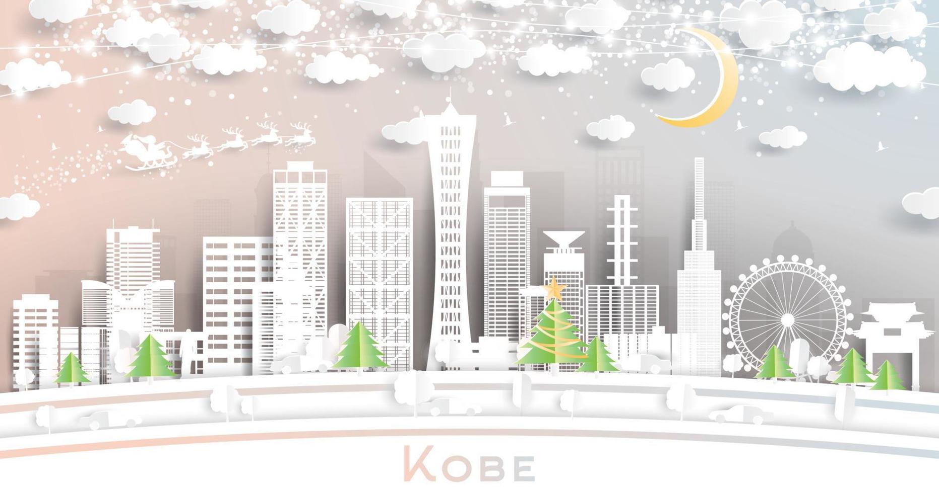 horizon de la ville de kobe au japon dans un style découpé en papier avec des flocons de neige, une lune et une guirlande de néons. vecteur