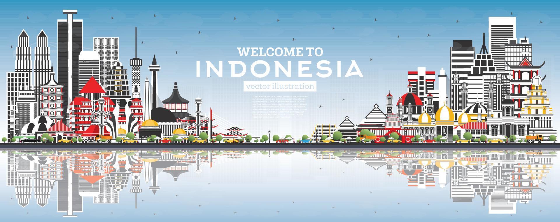 bienvenue à l'horizon de l'indonésie avec des bâtiments gris, un ciel bleu et des reflets. vecteur