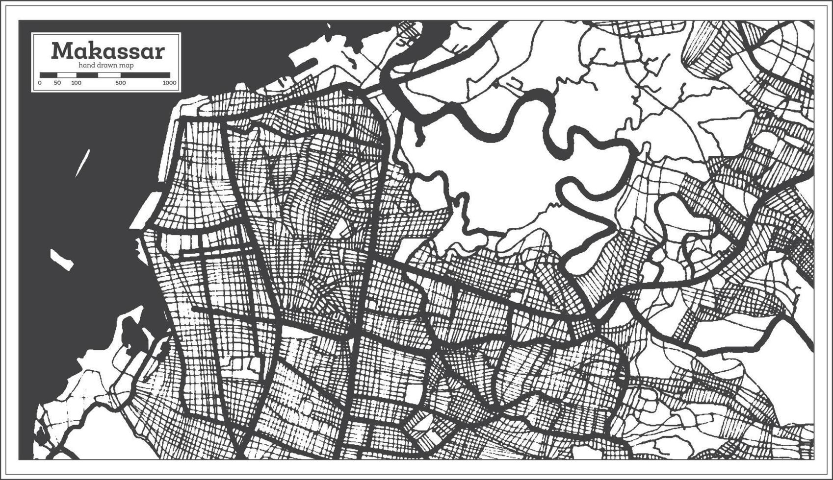 plan de la ville de makassar indonésie en noir et blanc. carte muette. vecteur
