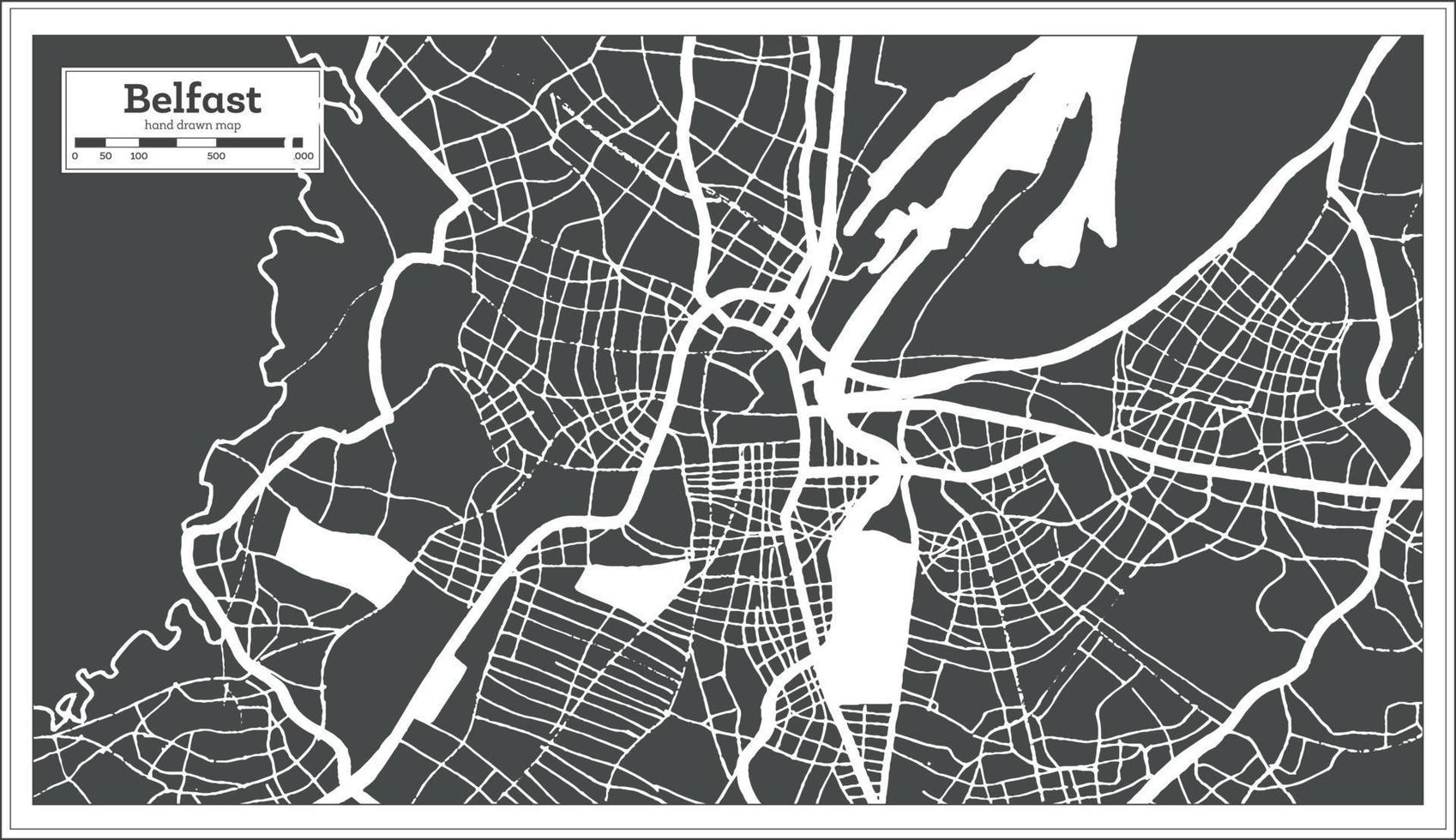 plan de la ville de belfast en grande-bretagne en noir et blanc dans un style rétro. carte muette. vecteur