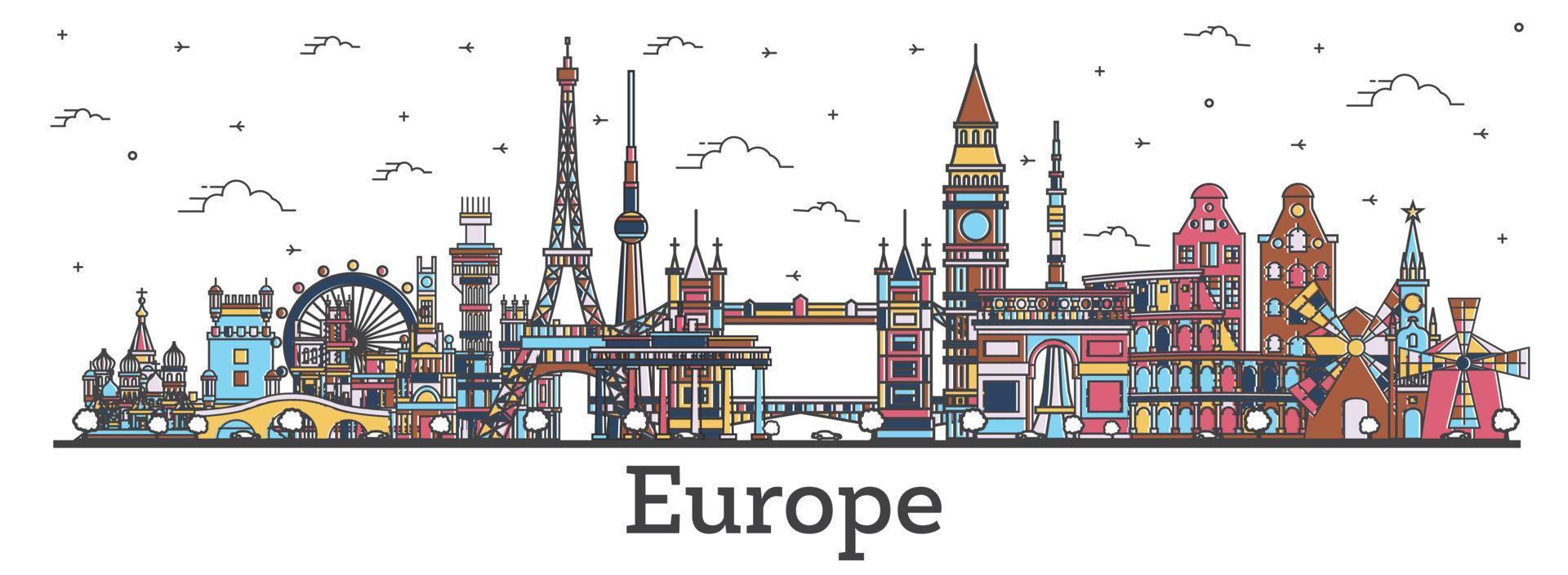 décrire les monuments célèbres en europe. concept de voyage d'affaires et de tourisme avec des bâtiments de couleur. vecteur