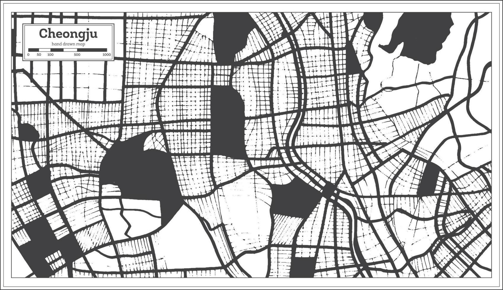 carte de la ville de cheongju en corée du sud en noir et blanc dans un style rétro. carte muette. vecteur