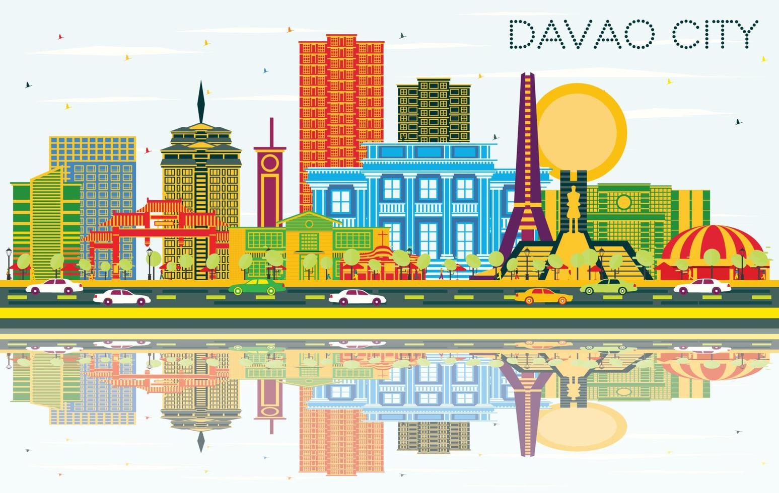 horizon de la ville de davao aux philippines avec des bâtiments de couleur, un ciel bleu et des reflets. vecteur