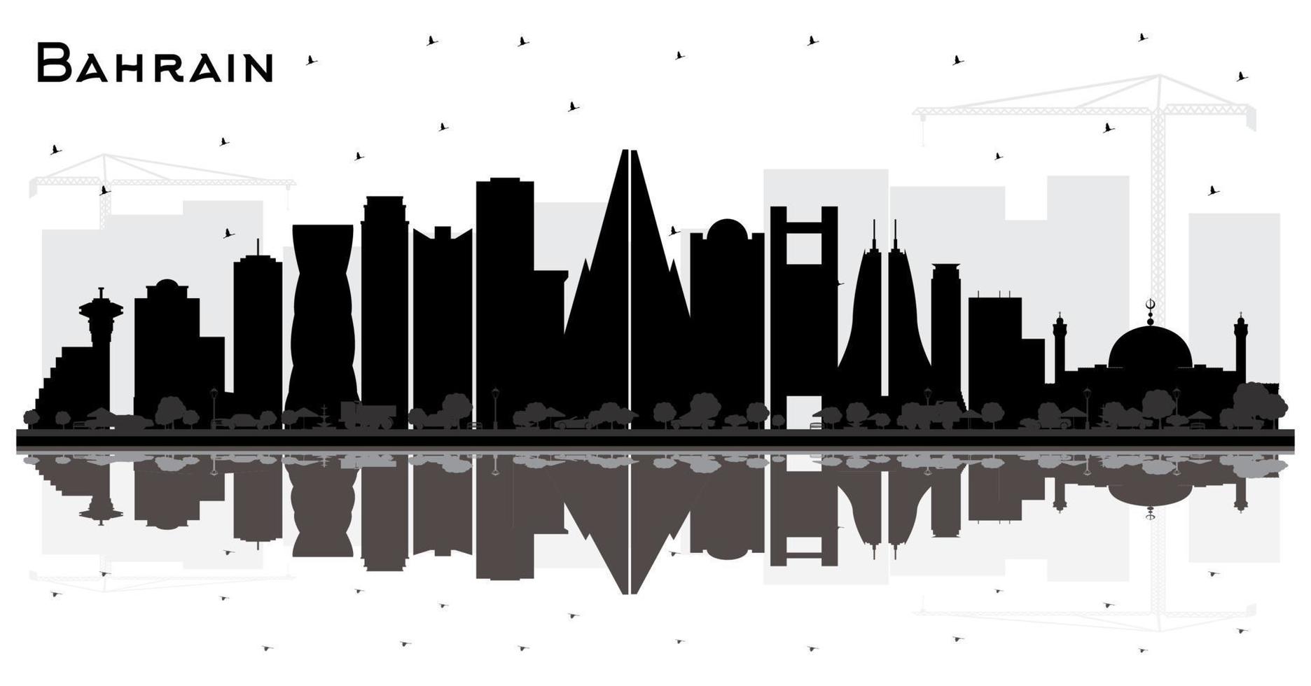 silhouette d'horizon de la ville de bahreïn avec des bâtiments noirs et des reflets isolés sur blanc. vecteur