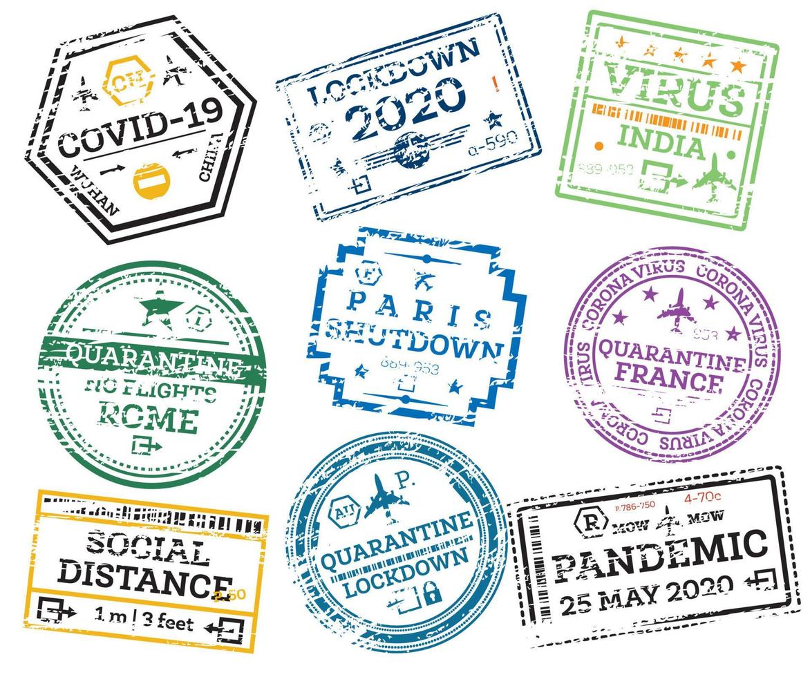collection covid-19 de timbres de passeport grunge isolés sur blanc. vecteur