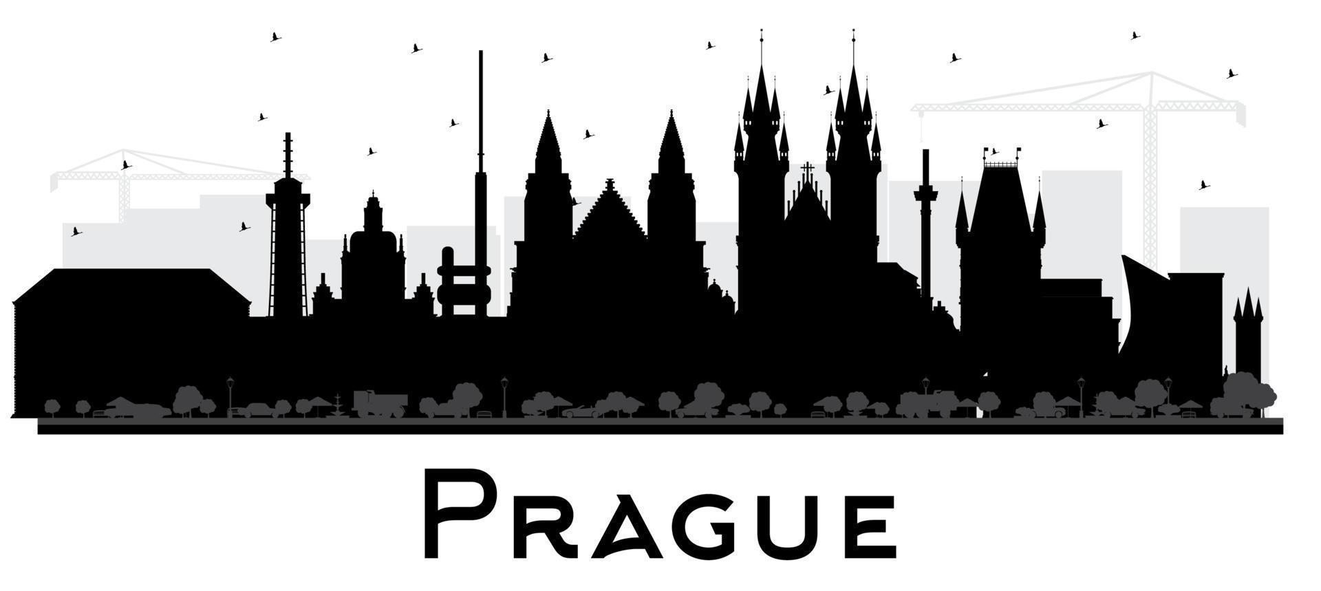 silhouette d'horizon de la ville de prague république tchèque avec des bâtiments noirs isolés sur blanc. vecteur
