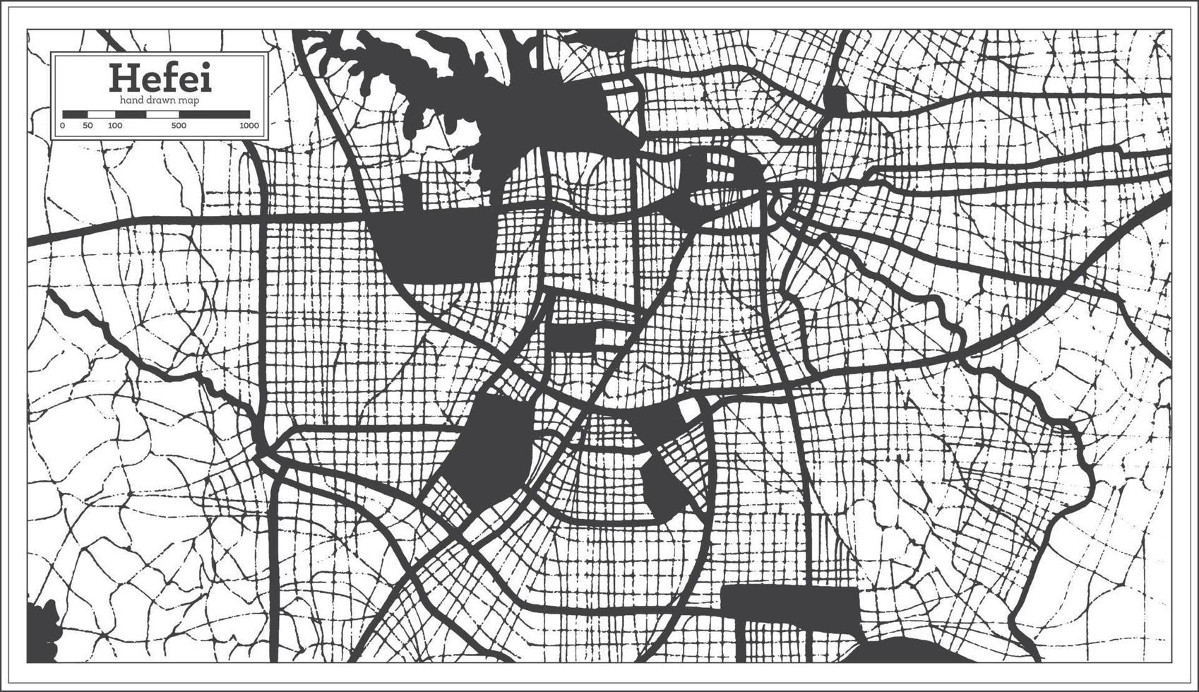 carte de la ville de hefei chine en noir et blanc dans un style rétro. carte muette. vecteur