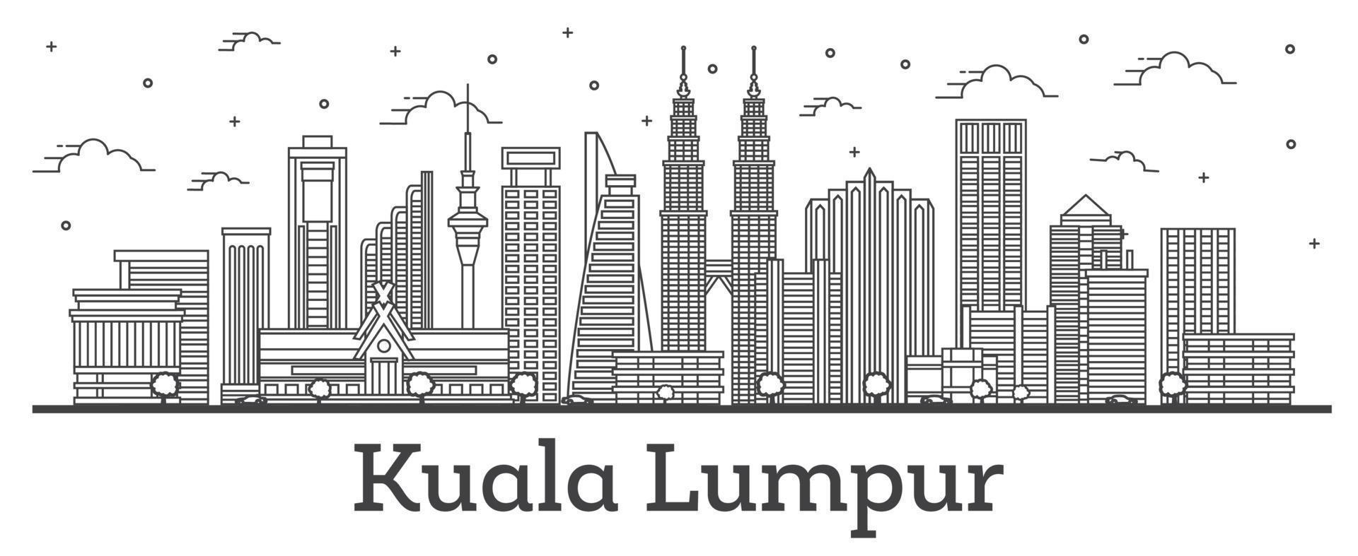 contour de la ville de kuala lumpur en malaisie avec des bâtiments modernes isolés sur blanc. vecteur