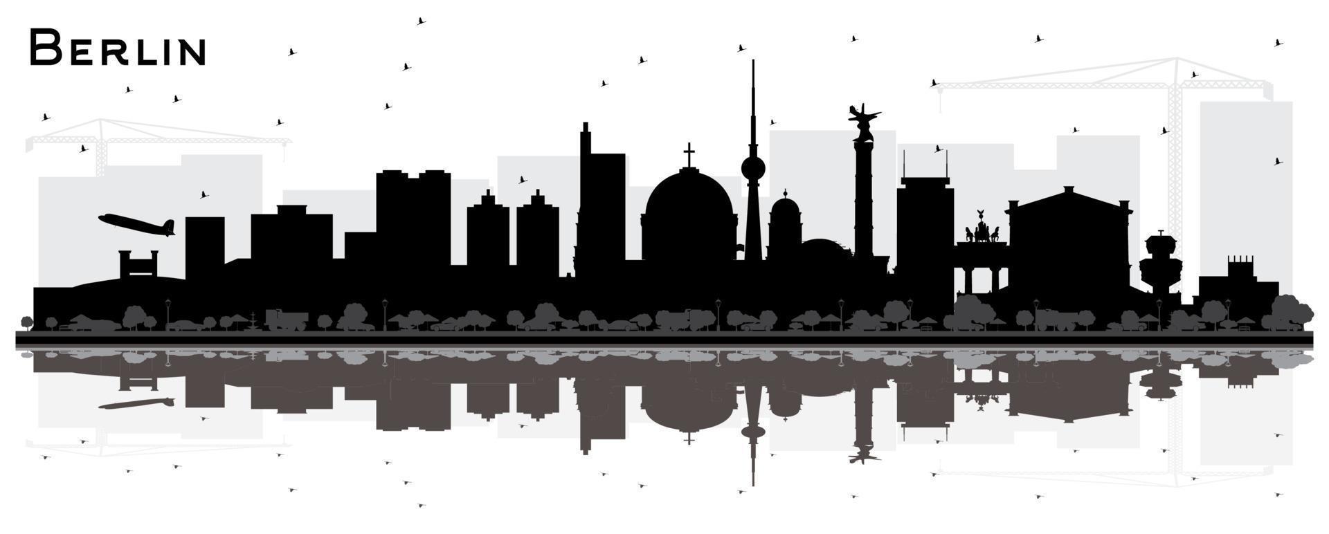 silhouette d'horizon de berlin allemagne avec des bâtiments noirs et des reflets isolés sur blanc. vecteur