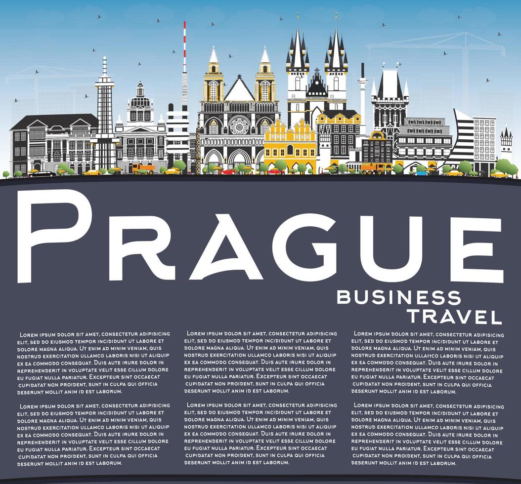 horizon de la ville de prague république tchèque avec bâtiments de couleur, ciel bleu et espace de copie. vecteur