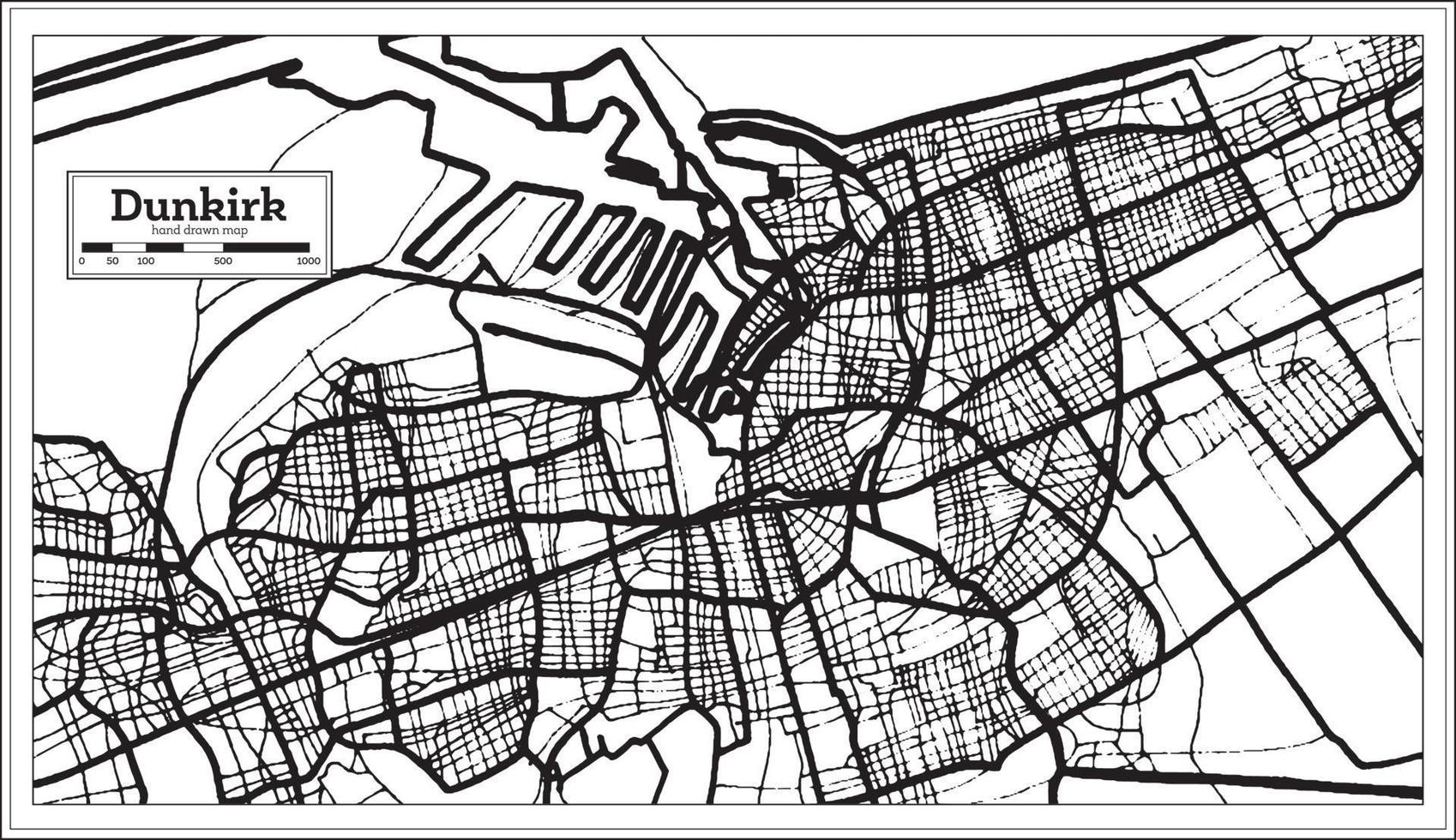 plan de la ville de dunkerque france en noir et blanc dans un style rétro. carte muette. vecteur