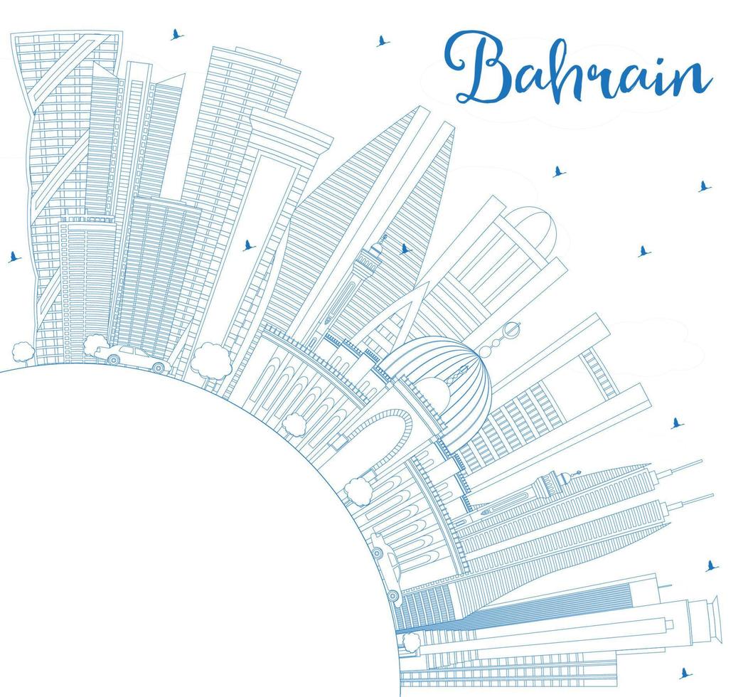 contour des toits de la ville de bahreïn avec des bâtiments bleus et un espace de copie. vecteur