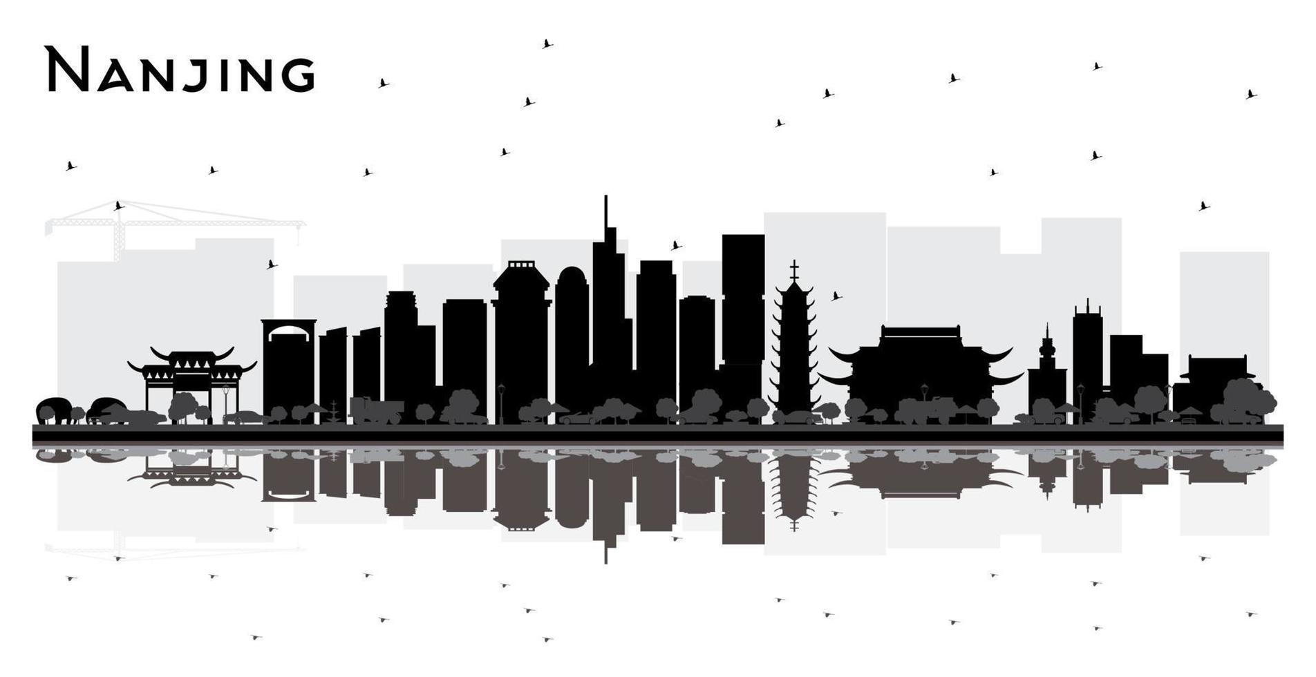 silhouette d'horizon de la ville de nanjing en chine avec des bâtiments noirs et des reflets isolés sur blanc. vecteur