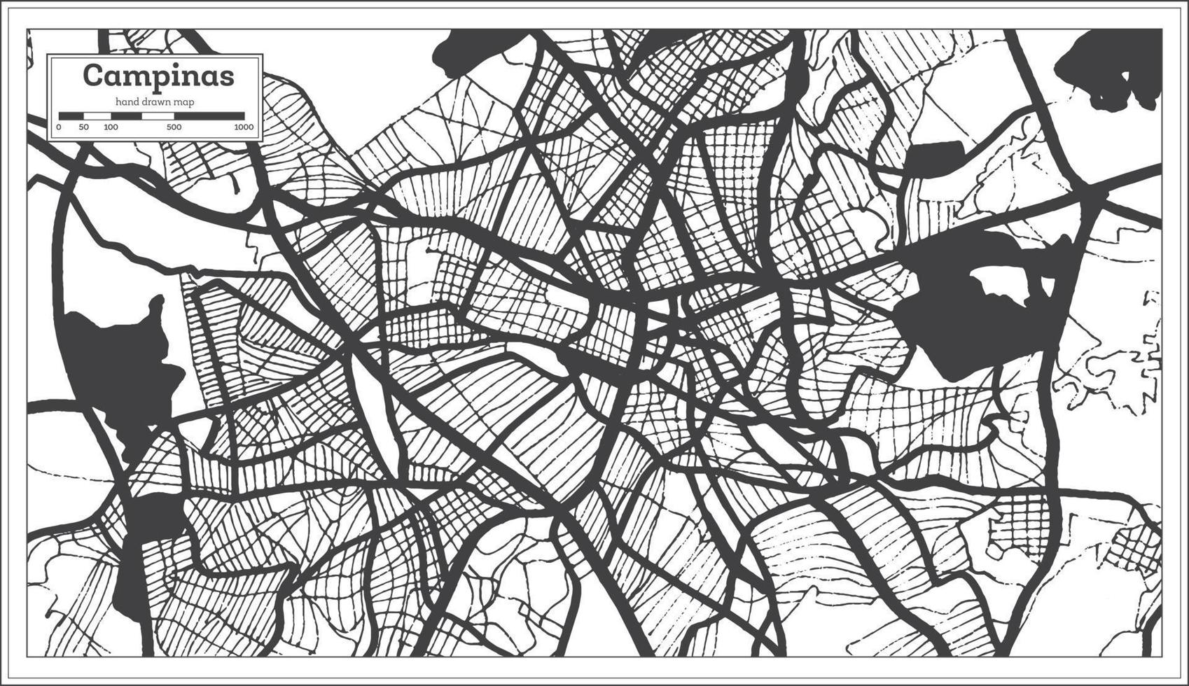 carte de la ville de campinas brésil en noir et blanc dans un style rétro. carte muette. vecteur