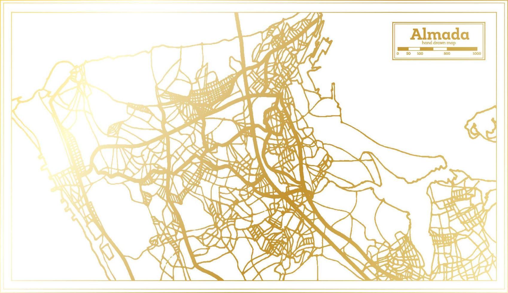 carte de la ville d'almada portugal dans un style rétro de couleur dorée. carte muette. vecteur