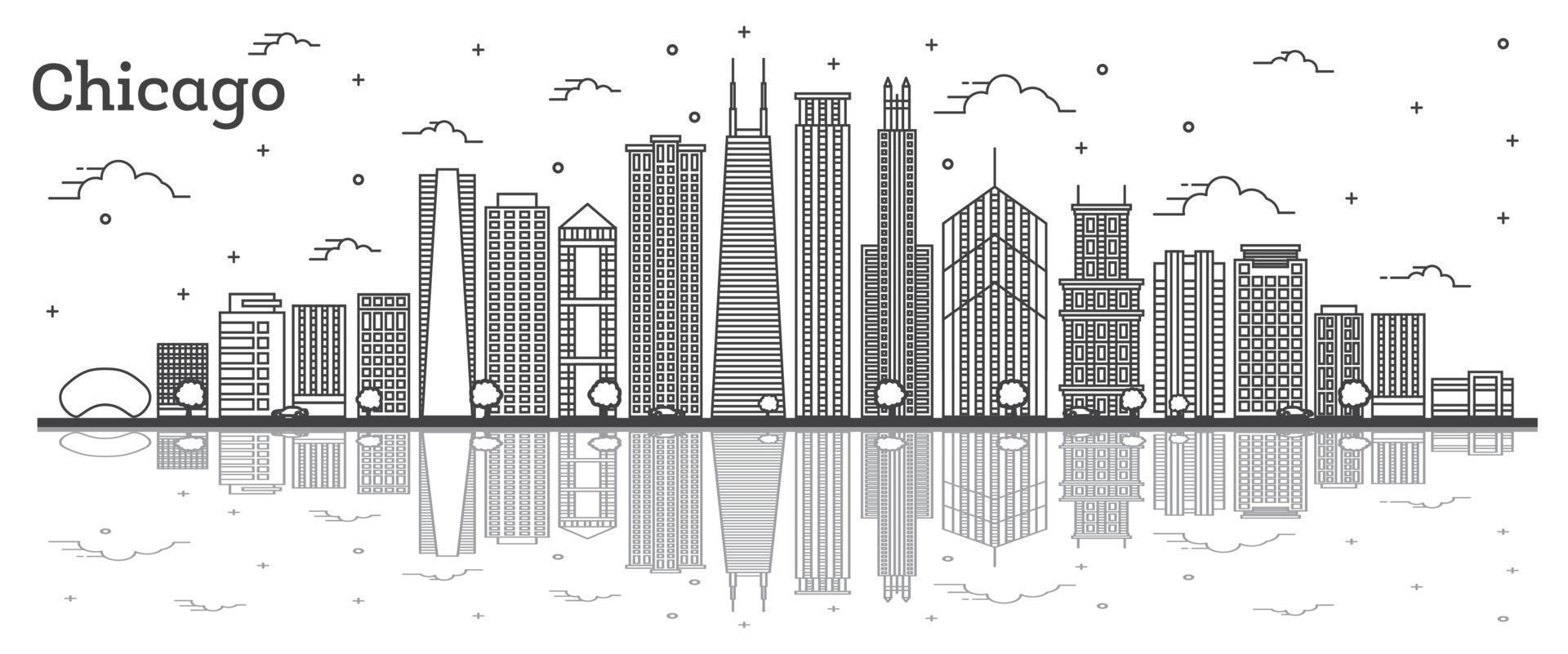 Décrire les toits de la ville de Chicago dans l'Illinois avec des bâtiments modernes et des reflets isolés sur blanc. vecteur
