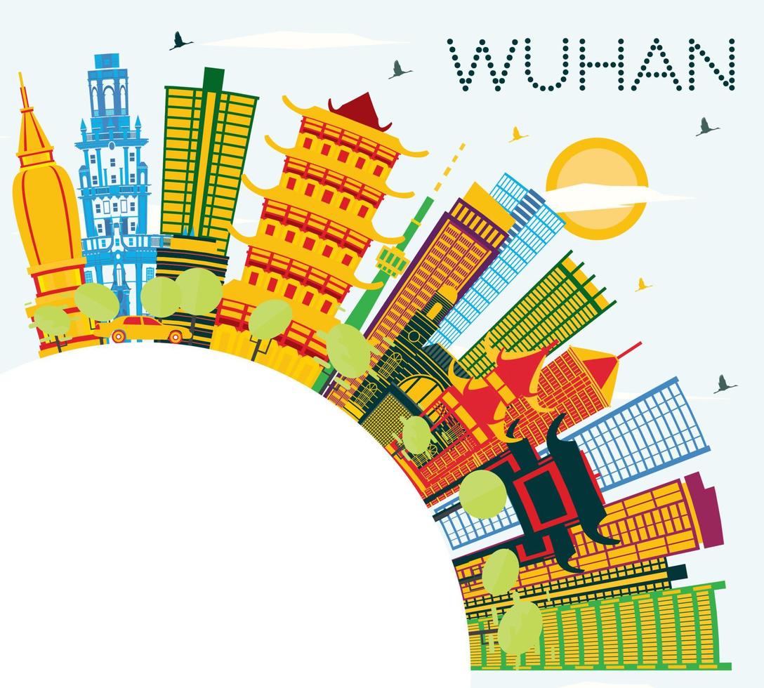 toits de la ville de wuhan en chine avec des bâtiments de couleur, un ciel bleu et un espace de copie. vecteur