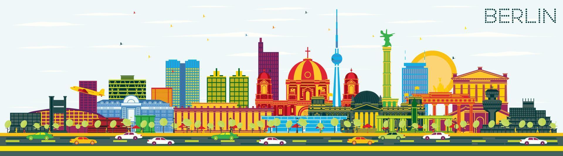 skyline de berlin allemagne avec des bâtiments de couleur et un ciel bleu. vecteur