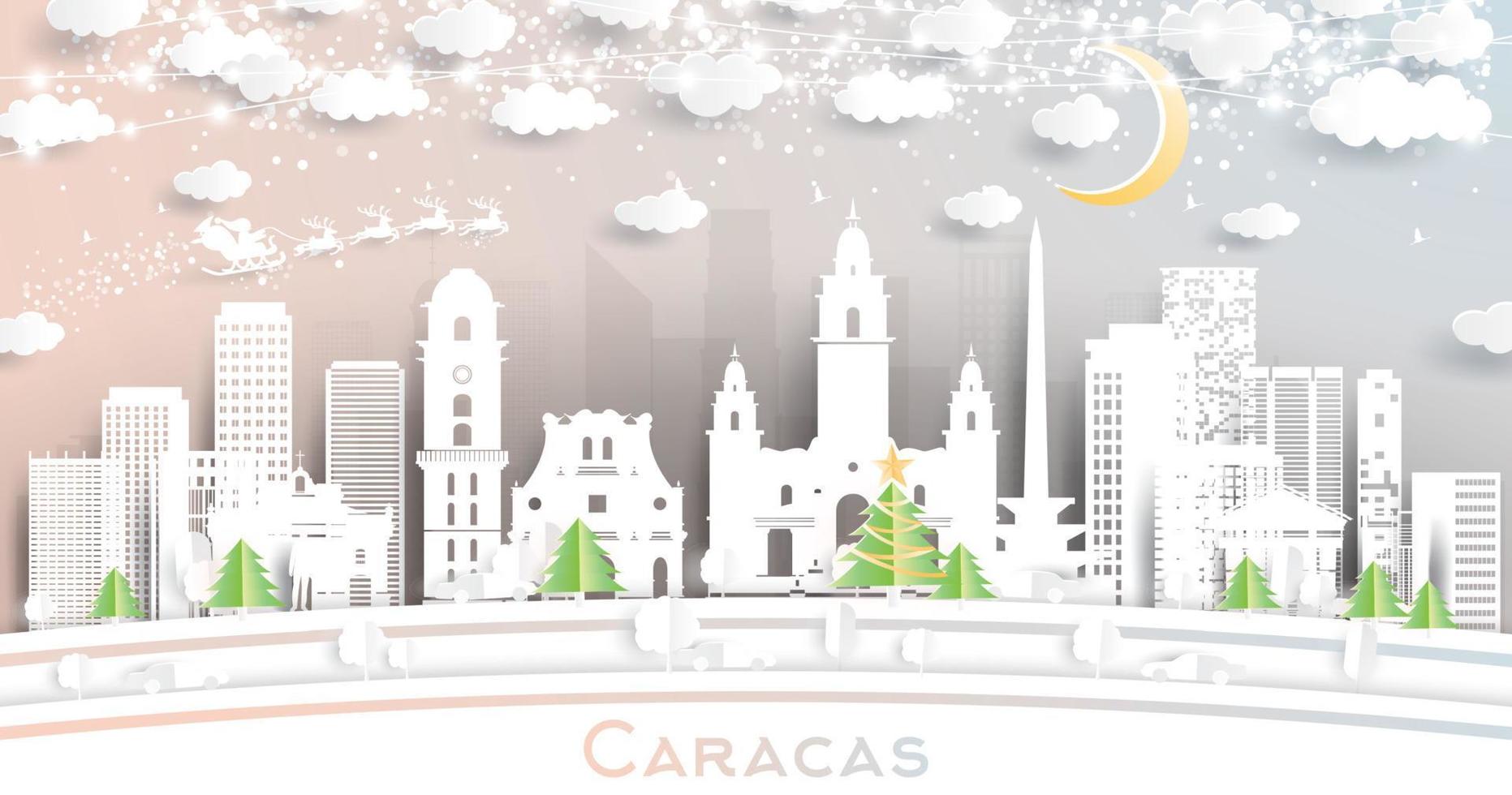 horizon de la ville de caracas venezuela dans un style papier découpé avec des flocons de neige, une lune et une guirlande de néons. vecteur