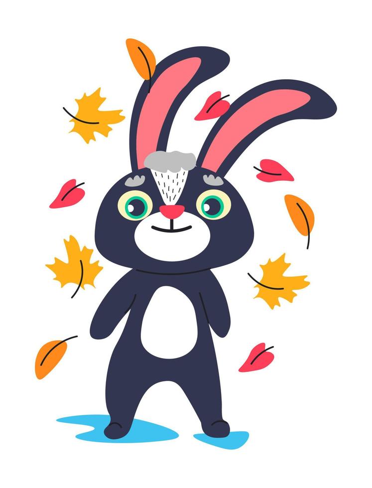 personnage de lapin avec des feuilles qui tombent, saison d'automne vecteur