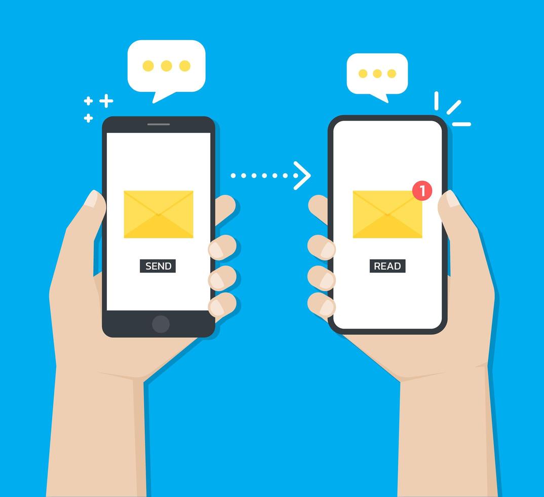 mains utilisant des smartphones pour partager des messages de chat vecteur