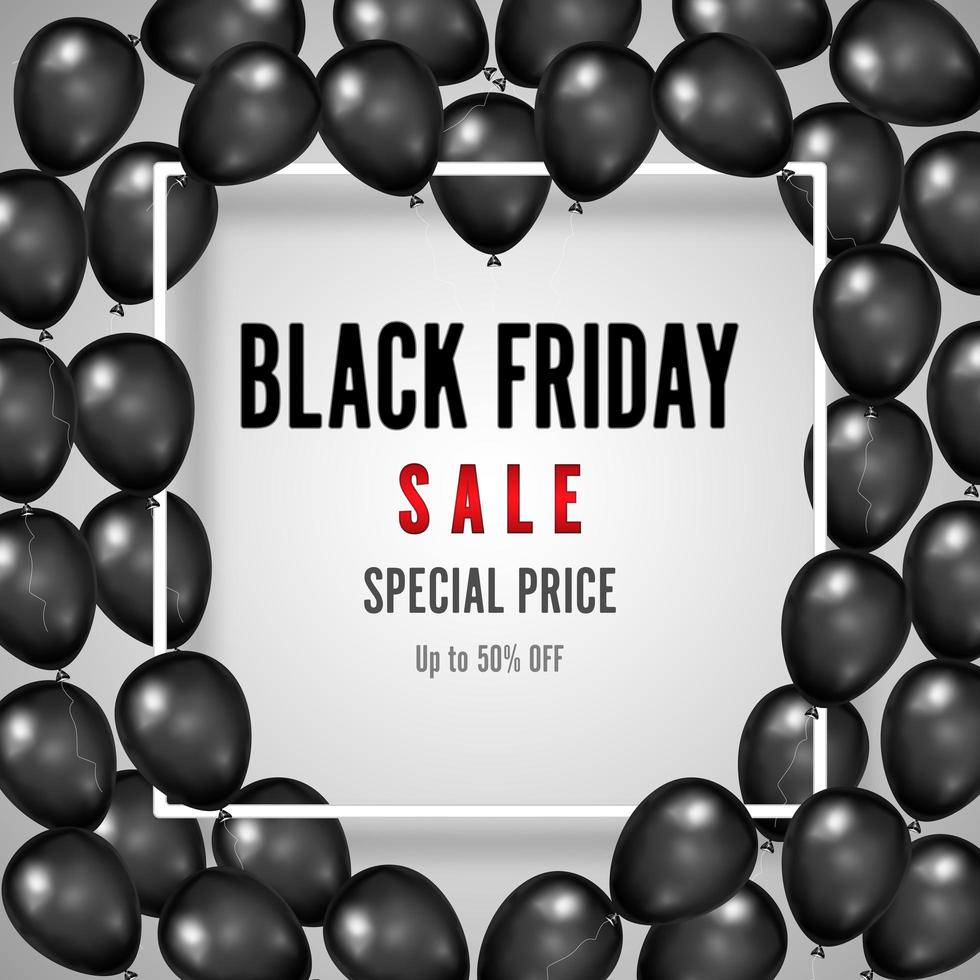 affiche de vente vendredi noir avec des ballons noirs brillants vecteur