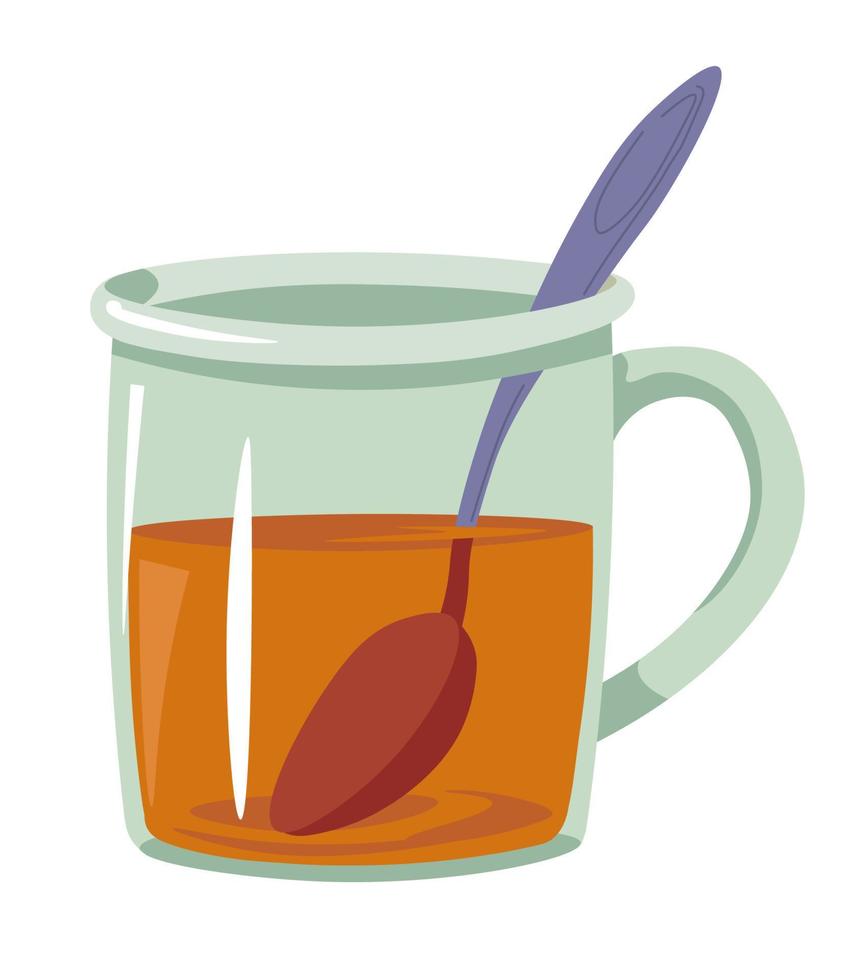 thé servi dans une tasse en verre avec cuillère, café ou maison vecteur