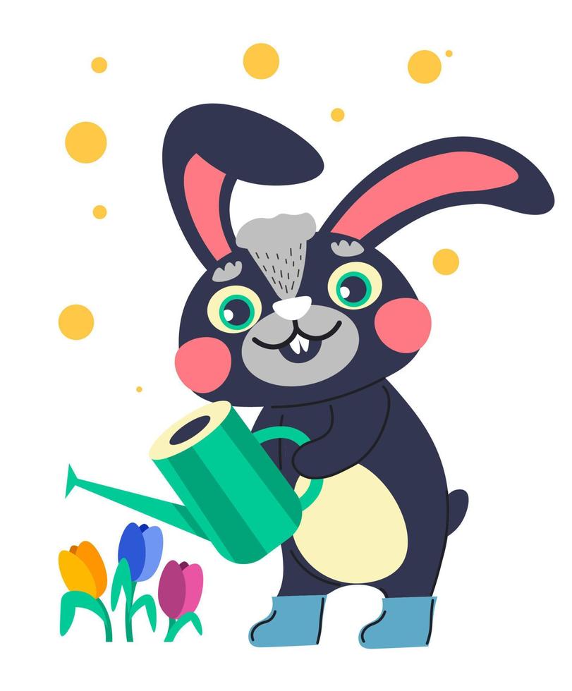 personnage de lapin arrosant des tulipes au vecteur de printemps