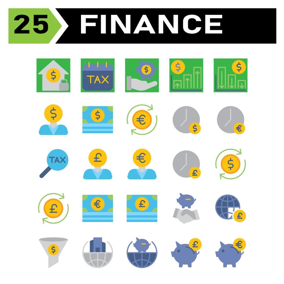 l'ensemble d'icônes de finance comprend le bâtiment, l'investissement, la maison, l'argent, la sécurité, le calendrier, l'impôt, la date, le jour, la finance, la main, l'épargne, le cochon, la banque, le graphique, le haut, la flèche, le profit, le bas, les affaires, l'homme, la devise, le dollar vecteur