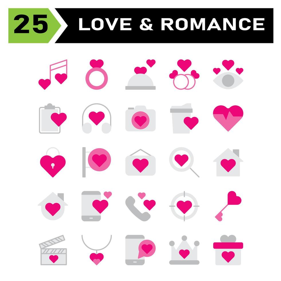 l'ensemble d'icônes d'amour et de romance comprend la chanson, la musique, le mariage, le cœur, l'amour, les bijoux, la bague, le mariage, la cuisine, le restaurant, le dîner, l'anniversaire, le couple, la romance, l'œil, la liste, le casque, l'appareil photo, la documentation vecteur
