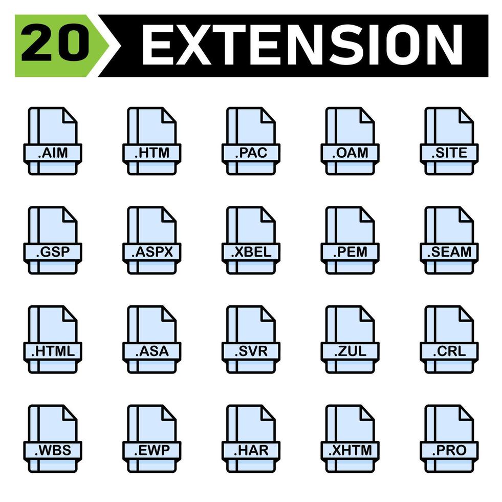 l'ensemble d'icônes d'extension de fichier comprend aim, htm, pac, oam, site, gsp, aspx, xbel, pem, couture, html, asa, svr, zul, crl, wbs, ewp, har, xhtm, pro, fichier, document, extension , icône, type, ensemble, format, vecteur