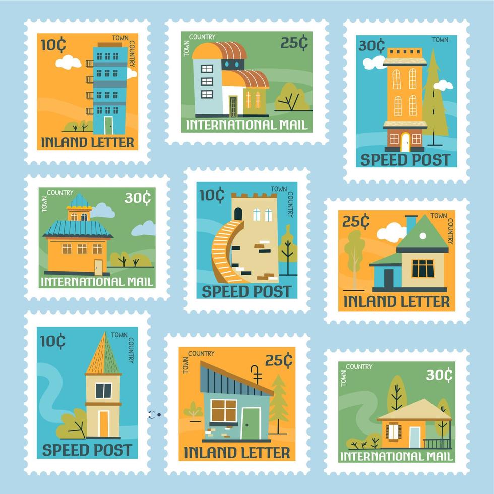 ensemble de timbres-poste colorés avec construction de maisons vecteur