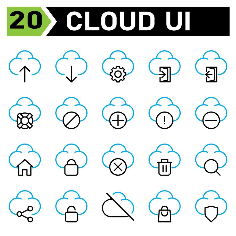 l'ensemble d'icônes d'interface utilisateur cloud comprend le téléchargement, le cloud, l'interface utilisateur, l'informatique, l'internet des objets, le téléchargement, le réglage, l'équipement, la connexion, la porte, la déconnexion, la bouée de sauvetage, l'aide, le blocage, l'ajout, plus, l'avertissement, le signe vecteur