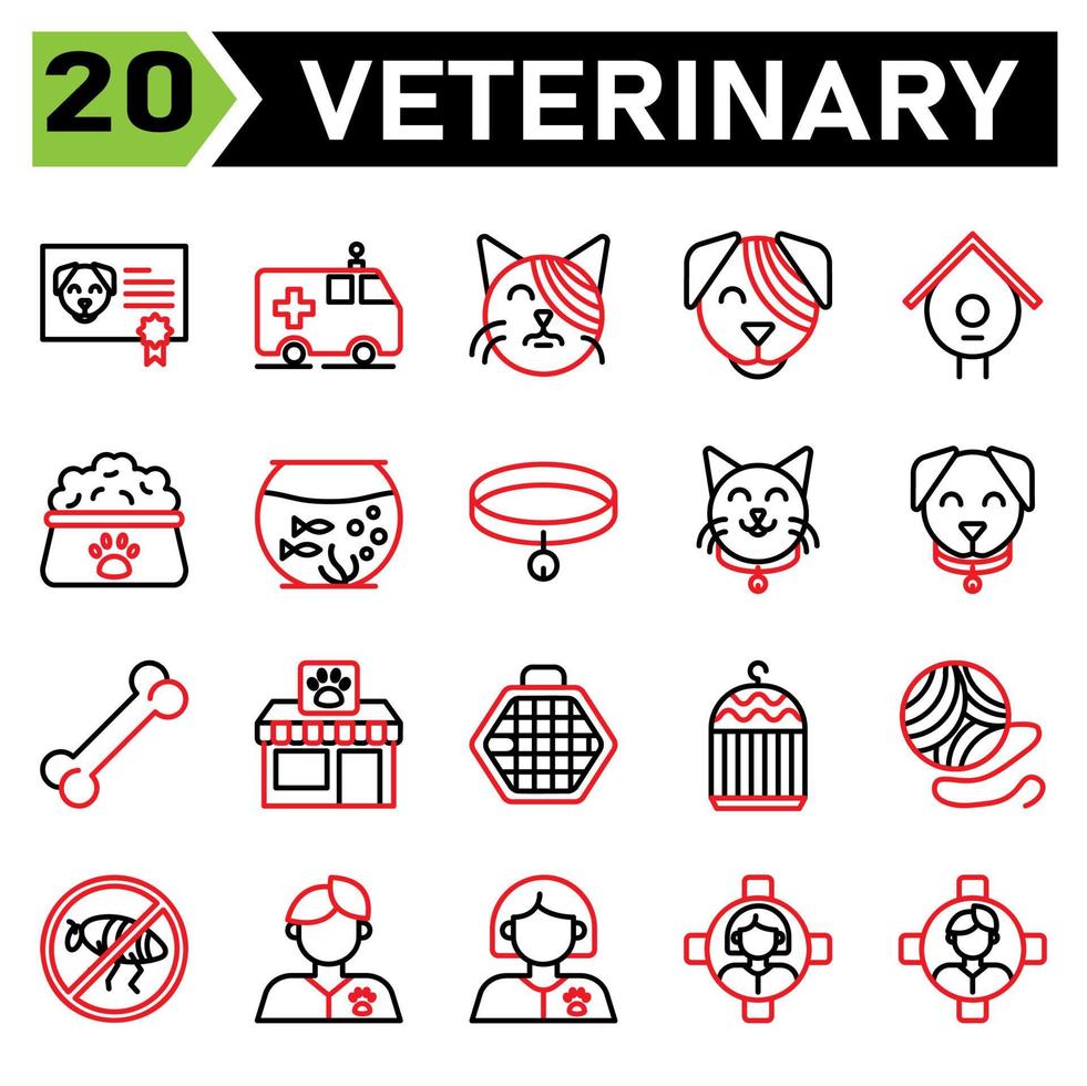 l'ensemble d'icônes vétérinaires comprend un certificat, un vaccin, un animal, un animal de compagnie, un chien, une ambulance, une voiture, un sauvetage, un animal de compagnie, un sauvetage d'animaux, un bandage, un chat, un animal de compagnie, un vétérinaire, un bandage, un chien, un animal de compagnie, un vétérinaire, un nichoir, un nid vecteur