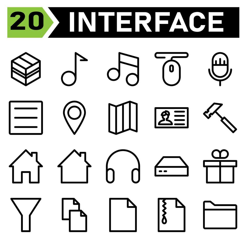 l'ensemble d'icônes d'interface Web comprend le paquet, la boîte, l'application Web, l'expédition, le cadeau, la musique, le multimédia, la note, le lecteur, la souris, le pointeur, le clic, le microphone, le micro, l'enregistrement, l'audio, le menu, le hamburger, la liste, la broche, l'emplacement vecteur