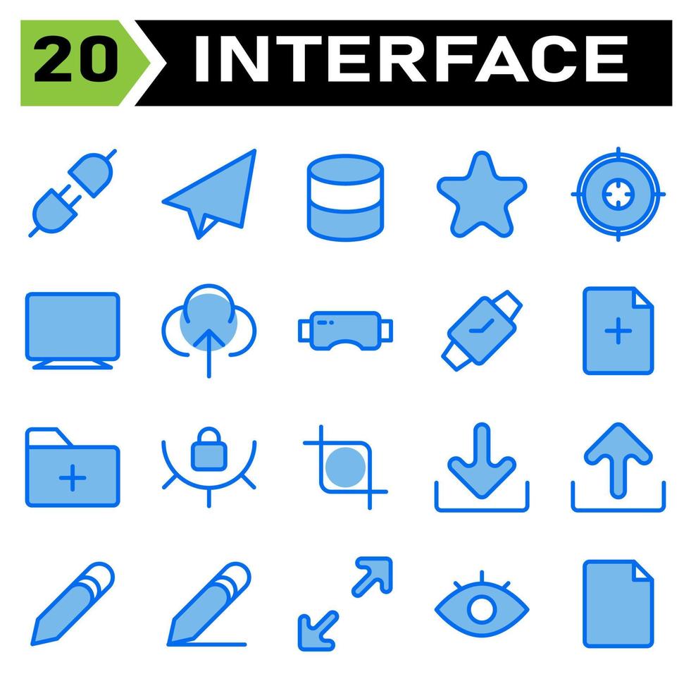 l'ensemble d'icônes de l'interface utilisateur comprend la prise, le câble, le connecteur, l'électricité, l'alimentation, le courrier, l'envoi de courrier, l'envoi, la lettre, la communication, le serveur, le stockage de données, la base de données, le stockage, les données, l'étoile, le favori, les commentaires, le signet vecteur