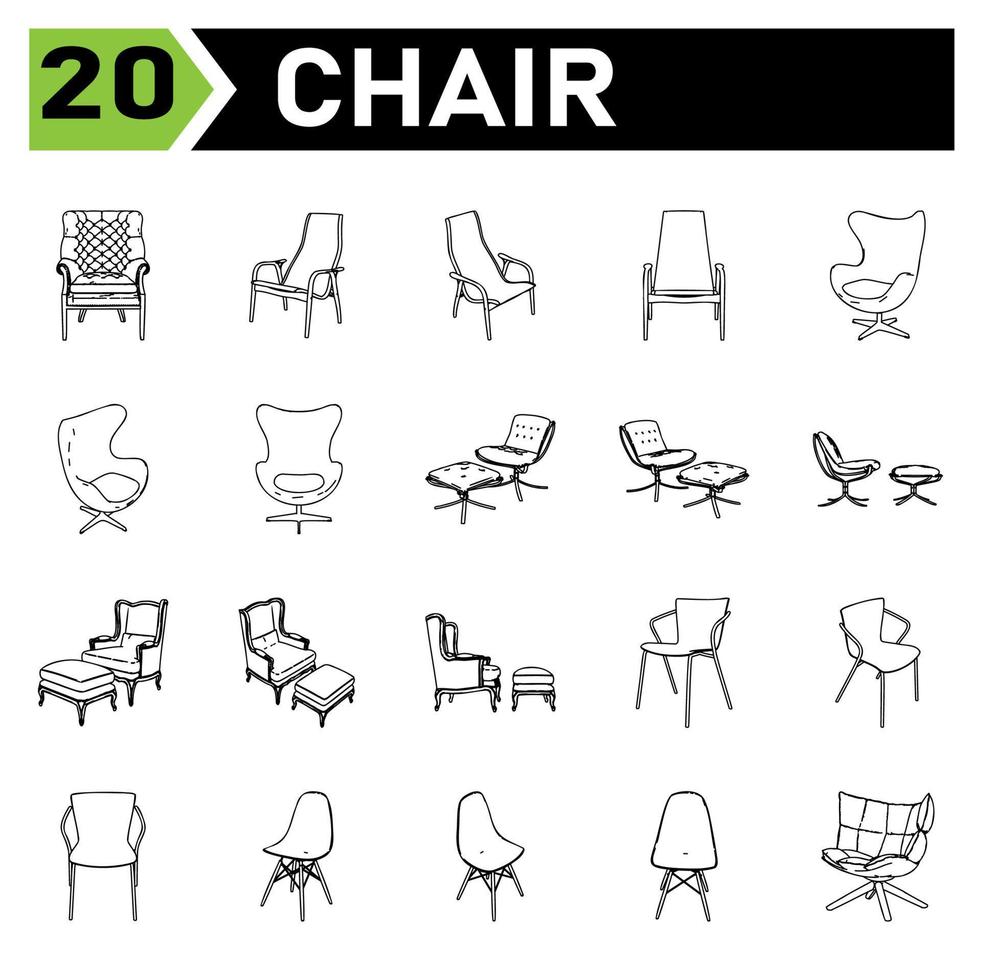 l'ensemble d'icônes de chaise comprend chaise, bureau, moderne, fauteuil, meubles, intérieur, ensemble, vecteur, isolé, maison, collection, blanc, siège, confortable, dactylographie, maison, s'asseoir, conception, entreprise, chambre, icône vecteur