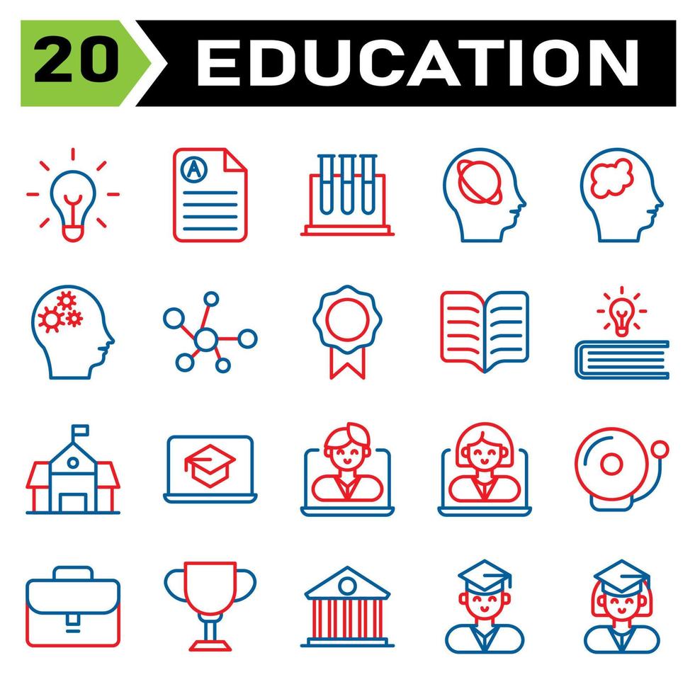 l'ensemble d'icônes d'éducation comprend ampoule, idée, lumière, génie, lampe, éducation, document, rapport, score, science, tube, test, biologie, recherche, intelligence, artificiel, tête, planète, astronomie, cerveau, esprit vecteur