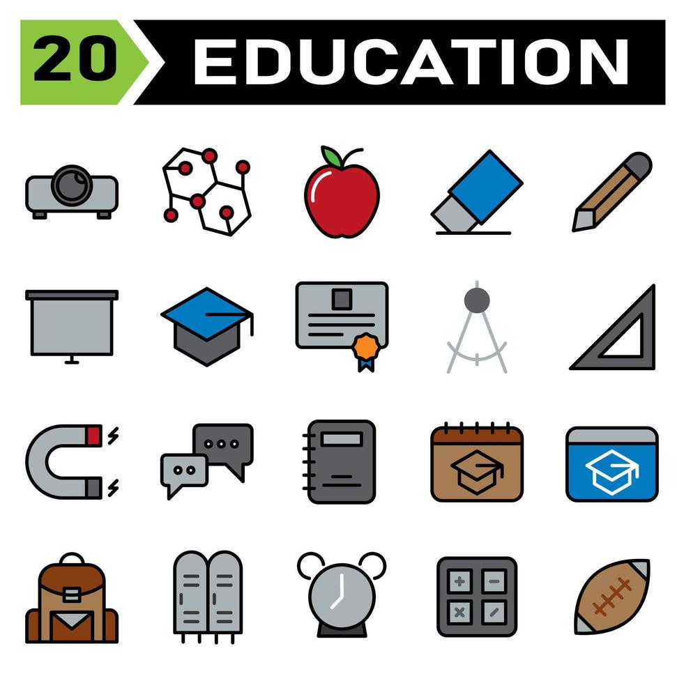 l'ensemble d'icônes d'éducation comprend le projecteur, la projection, la présentation, l'éducation, la formule, l'étude, la science, l'école, la pomme, les fruits, les fruits, l'effacement, la gomme, la suppression, le crayon, l'écriture, l'édition, le dessin, l'écran, le tableau vecteur