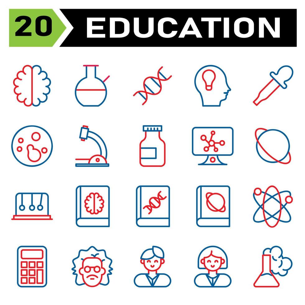 l'ensemble d'icônes d'éducation comprend le cerveau, l'esprit, le neurone, l'intelligence, la science, la verrerie, le bécher, le laboratoire, l'éducation, la génétique, le gène, la tête, l'androïde, le robot, l'idée, le compte-gouttes, la science de la pipette, les bactéries vecteur