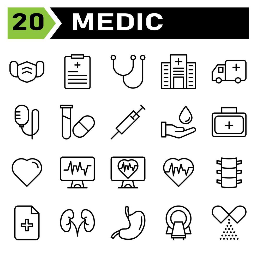 l'ensemble d'icônes médicales comprend masque facial, masque, soins de santé, protection, hôpital, registre, médical, diagnostic, stéthoscope, outils, clinique, bâtiment, ambulance, service, soutien, perfusion, médecine, sain vecteur