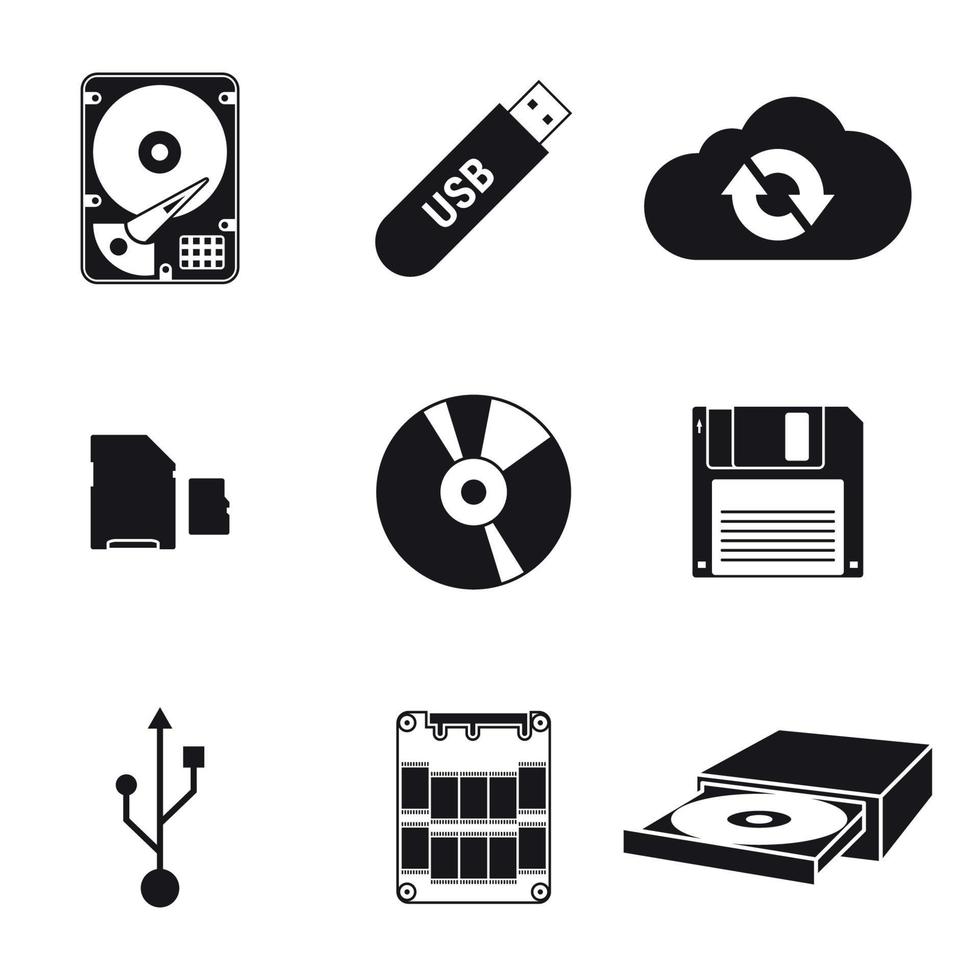 ensemble d'icônes noires isolées sur un stockage de données à thème vecteur